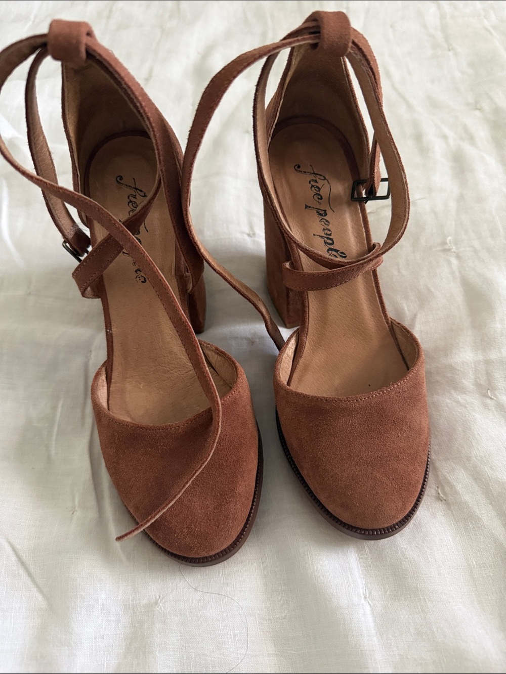 Free People Tan Suede Ankle-Tie Block Heel Sandals
